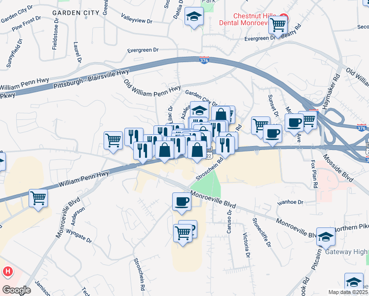 map of restaurants, bars, coffee shops, grocery stores, and more near 3981 William Penn Hwy in Monroeville