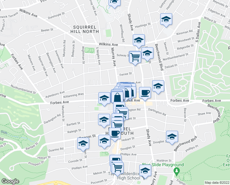 map of restaurants, bars, coffee shops, grocery stores, and more near in Pittsburgh