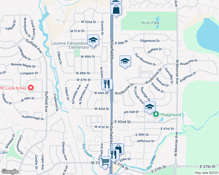 map of restaurants, bars, coffee shops, grocery stores, and more near 115 West 45th Street in Loveland