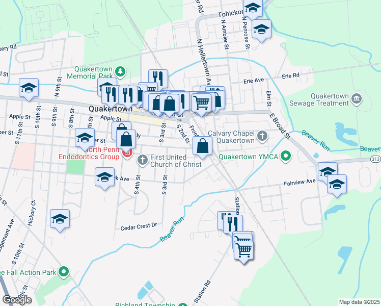 map of restaurants, bars, coffee shops, grocery stores, and more near 120 Juniper Street in Quakertown