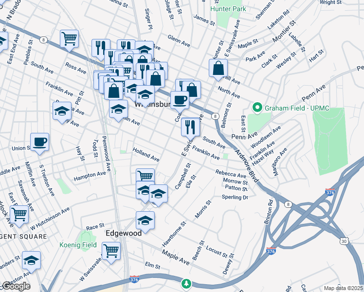 map of restaurants, bars, coffee shops, grocery stores, and more near 931 Rebecca Avenue in Pittsburgh