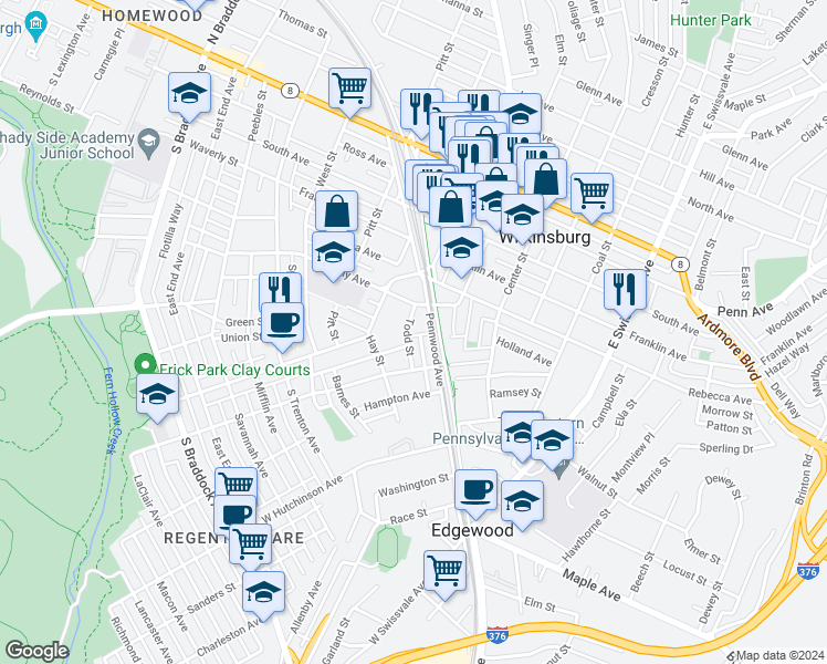 map of restaurants, bars, coffee shops, grocery stores, and more near 414 Todd Street in Pittsburgh