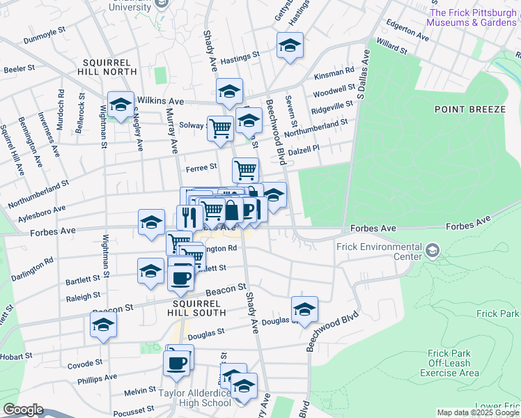 map of restaurants, bars, coffee shops, grocery stores, and more near 6315 Forbes Avenue in Pittsburgh