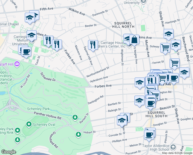 map of restaurants, bars, coffee shops, grocery stores, and more near 5434 Aylesboro Avenue in Pittsburgh