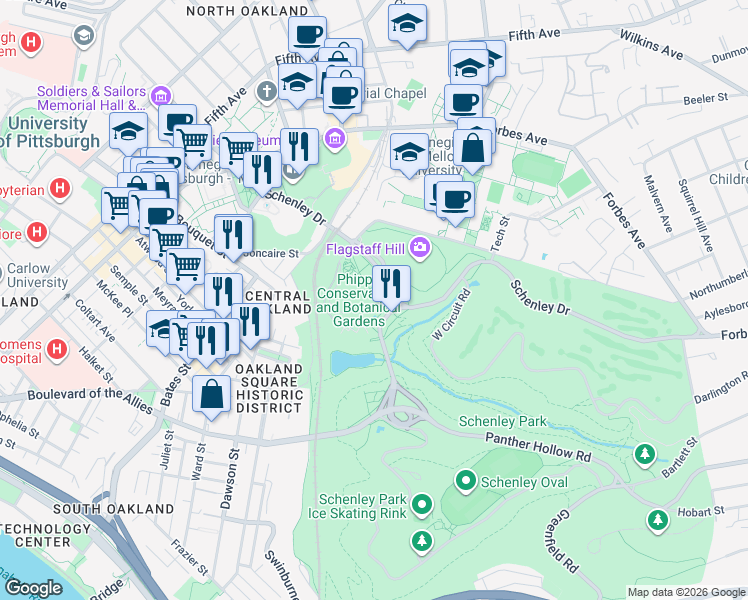 map of restaurants, bars, coffee shops, grocery stores, and more near 101 Panther Hollow Road in Pittsburgh