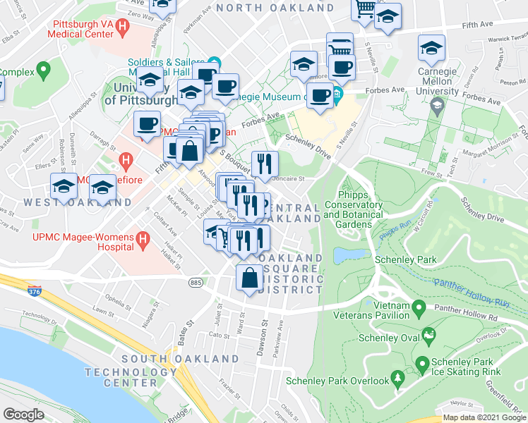 map of restaurants, bars, coffee shops, grocery stores, and more near 405 Oakland Avenue in Pittsburgh