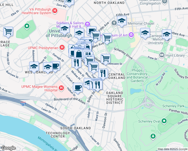 map of restaurants, bars, coffee shops, grocery stores, and more near in Pittsburgh