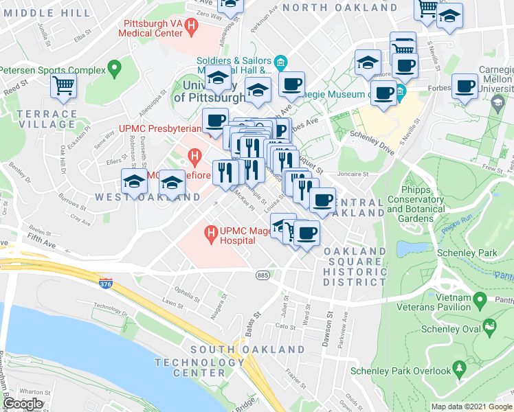 map of restaurants, bars, coffee shops, grocery stores, and more near 299 McKee Place in Pittsburgh