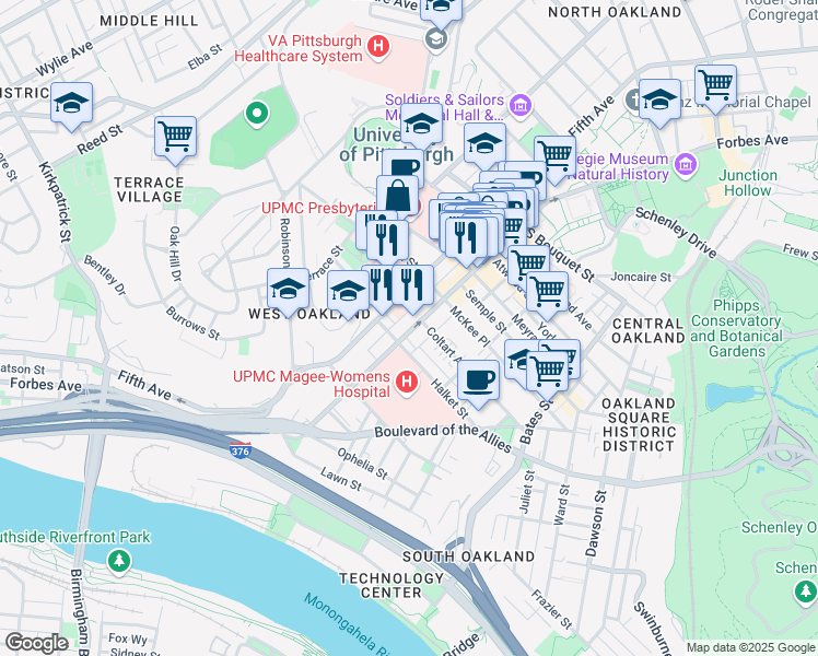map of restaurants, bars, coffee shops, grocery stores, and more near 3422 Forbes Avenue in Pittsburgh