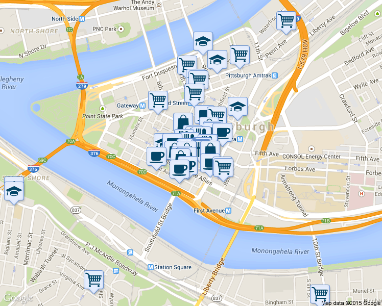map of restaurants, bars, coffee shops, grocery stores, and more near 301 Grant Street in Pittsburgh