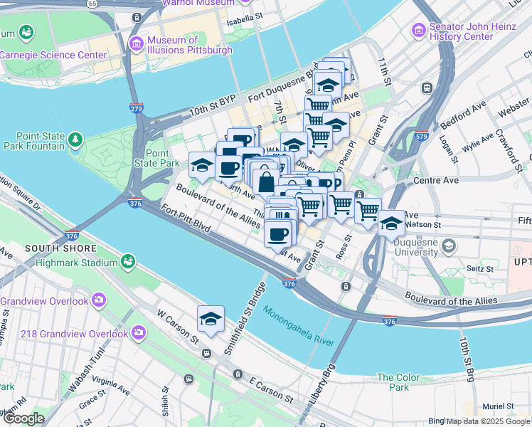 map of restaurants, bars, coffee shops, grocery stores, and more near 201 Wood Street in Pittsburgh