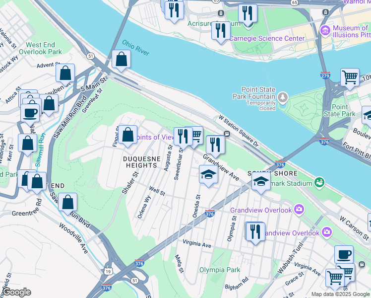 map of restaurants, bars, coffee shops, grocery stores, and more near 1325 Grandview Avenue in Pittsburgh