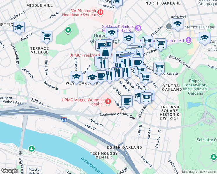 map of restaurants, bars, coffee shops, grocery stores, and more near 3423 Forbes Avenue in Pittsburgh