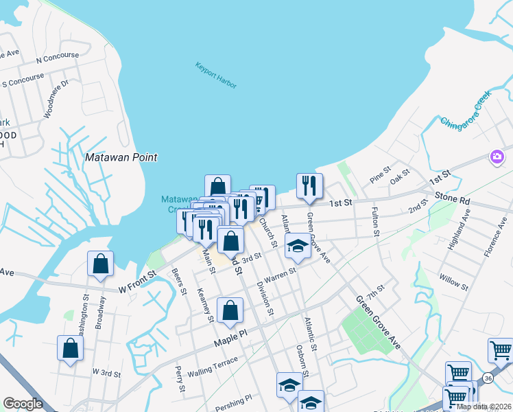 map of restaurants, bars, coffee shops, grocery stores, and more near 45 1st Street in Keyport