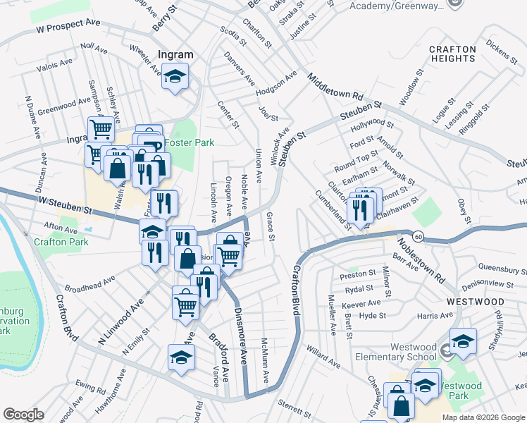 map of restaurants, bars, coffee shops, grocery stores, and more near 8 Union Avenue in Pittsburgh