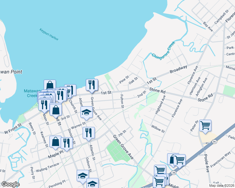 map of restaurants, bars, coffee shops, grocery stores, and more near 163 2nd Street in Keyport
