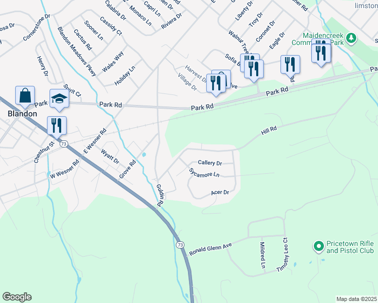 map of restaurants, bars, coffee shops, grocery stores, and more near 106 Hill Road in Blandon