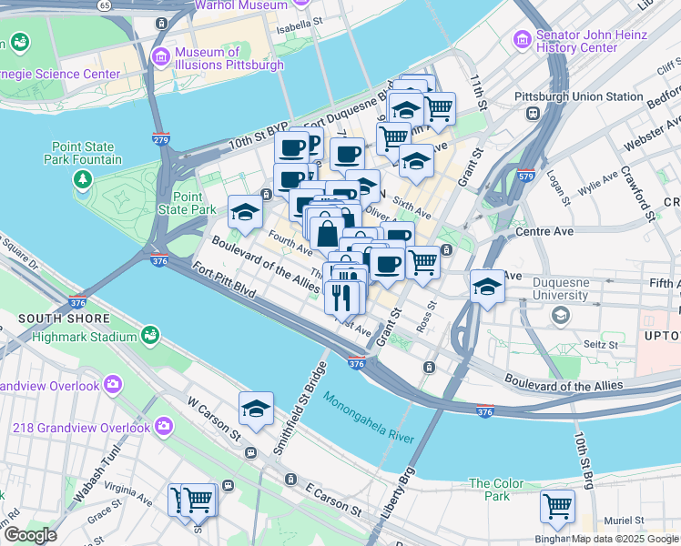 map of restaurants, bars, coffee shops, grocery stores, and more near 201 Wood Street in Pittsburgh