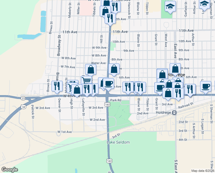 map of restaurants, bars, coffee shops, grocery stores, and more near 101 West 5th Avenue in Holdrege