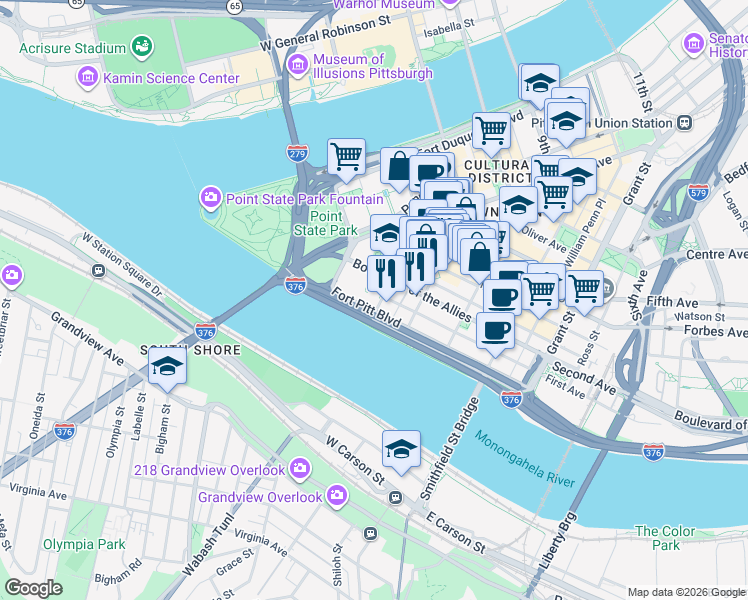 map of restaurants, bars, coffee shops, grocery stores, and more near 11 Stanwix Street in Pittsburgh