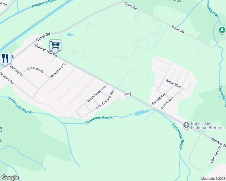 map of restaurants, bars, coffee shops, grocery stores, and more near 351 Bunker Hill Road in Princeton