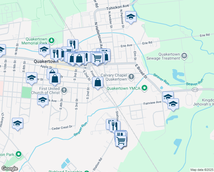 map of restaurants, bars, coffee shops, grocery stores, and more near 147 South Hellertown Avenue in Quakertown