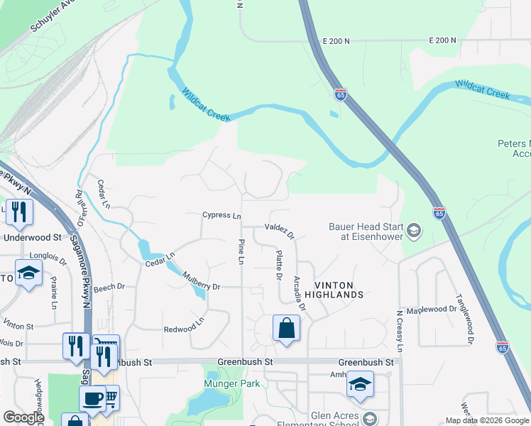 map of restaurants, bars, coffee shops, grocery stores, and more near 2201 Valdez Drive in Lafayette