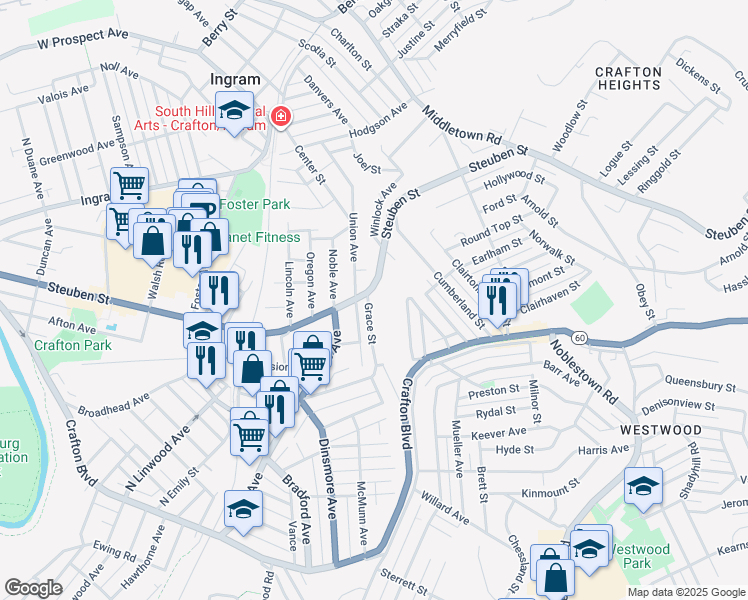 map of restaurants, bars, coffee shops, grocery stores, and more near 62 Grace Street in Pittsburgh