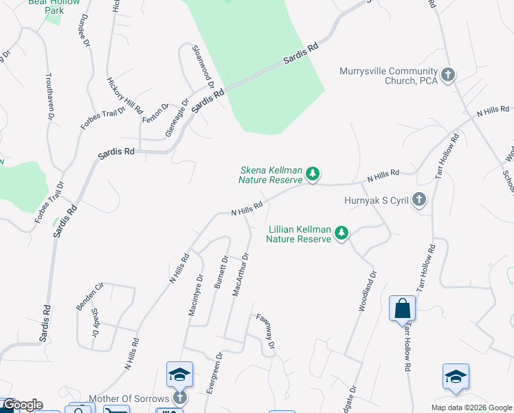 map of restaurants, bars, coffee shops, grocery stores, and more near 3546 North Hills Road in Murrysville