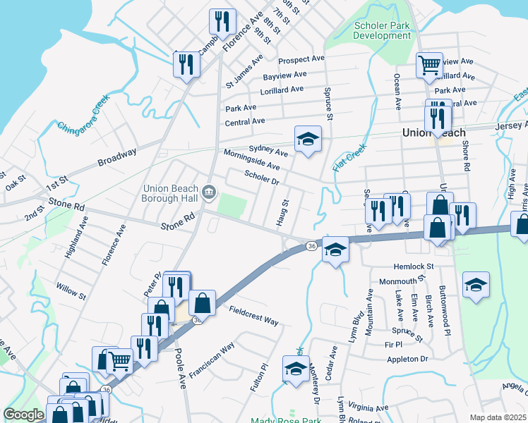 map of restaurants, bars, coffee shops, grocery stores, and more near 9 Heckleman Street in Union Beach