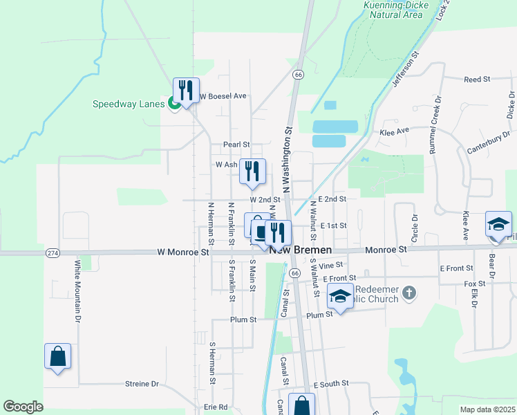 map of restaurants, bars, coffee shops, grocery stores, and more near 122 North Main Street in New Bremen