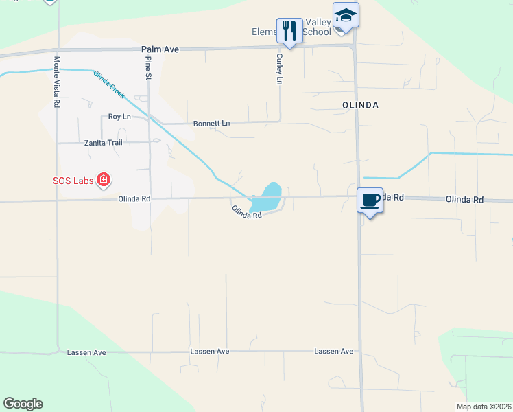 map of restaurants, bars, coffee shops, grocery stores, and more near 17277 Olinda Road in Anderson
