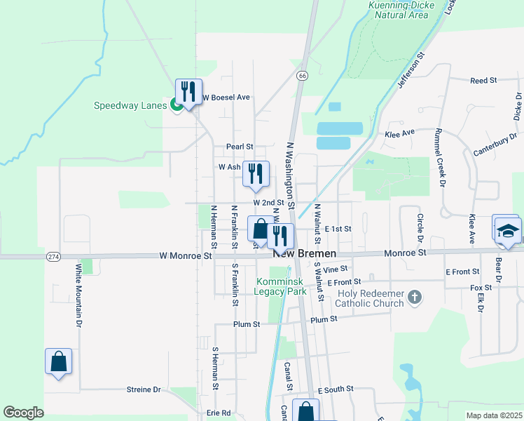 map of restaurants, bars, coffee shops, grocery stores, and more near 122 North Main Street in New Bremen