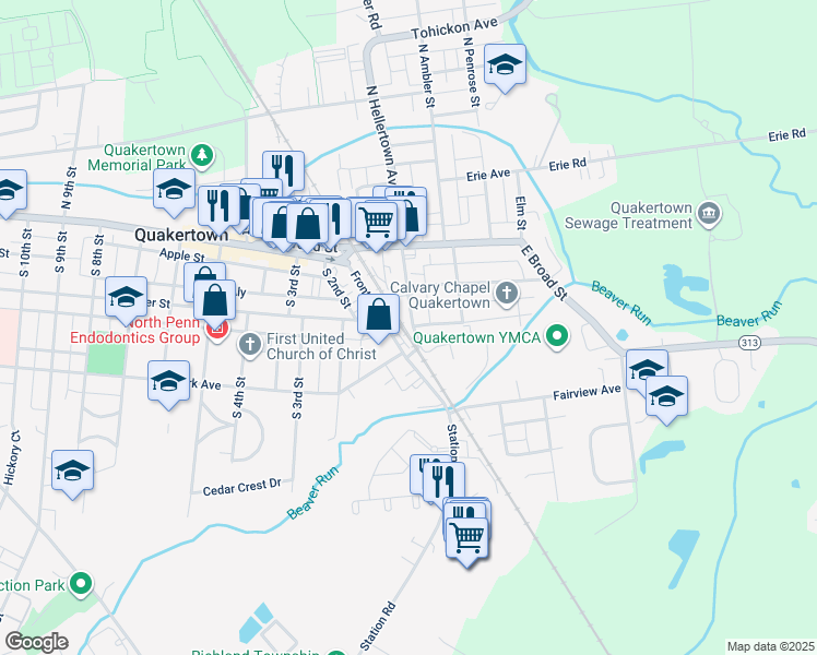 map of restaurants, bars, coffee shops, grocery stores, and more near 122 South Hellertown Avenue in Quakertown
