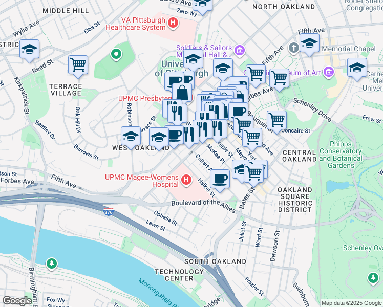 map of restaurants, bars, coffee shops, grocery stores, and more near 3422 Forbes Avenue in Pittsburgh