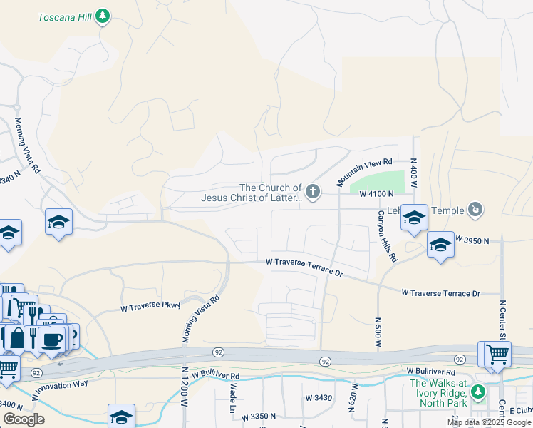 map of restaurants, bars, coffee shops, grocery stores, and more near 4019 North 900 West Street in Lehi
