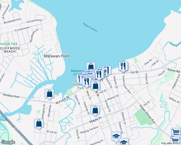 map of restaurants, bars, coffee shops, grocery stores, and more near 35 Broad Street in Keyport