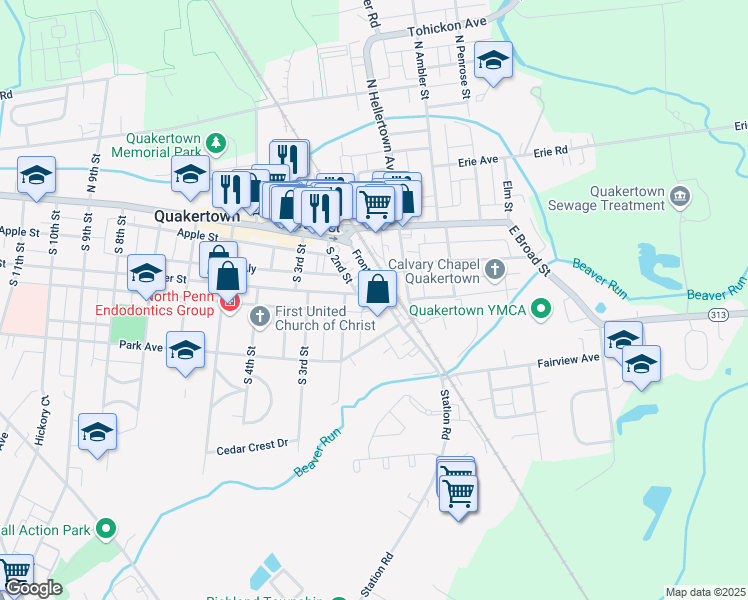 map of restaurants, bars, coffee shops, grocery stores, and more near 125 South 2nd Street in Quakertown