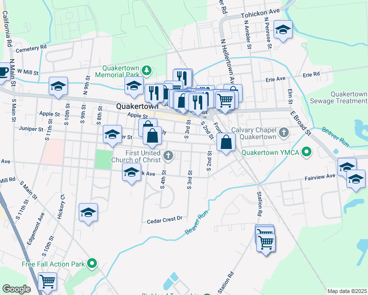 map of restaurants, bars, coffee shops, grocery stores, and more near 116 South 3rd Street in Quakertown