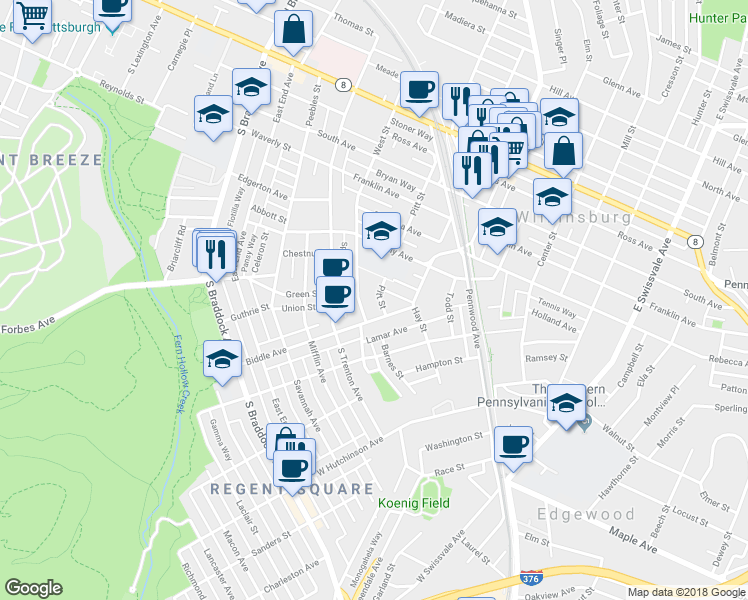 map of restaurants, bars, coffee shops, grocery stores, and more near 446 Biddle Avenue in Pittsburgh