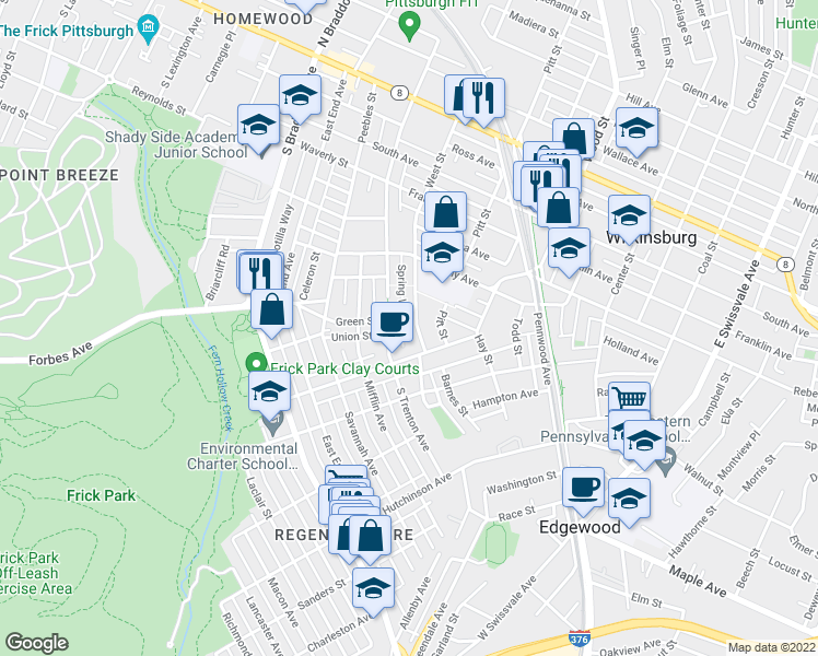 map of restaurants, bars, coffee shops, grocery stores, and more near 415 Biddle Avenue in Pittsburgh