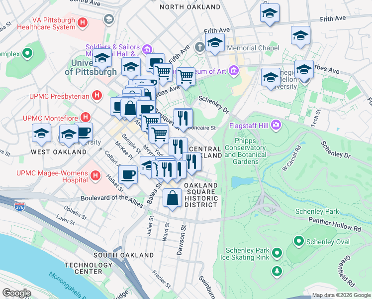 map of restaurants, bars, coffee shops, grocery stores, and more near 405 Oakland Avenue in Pittsburgh