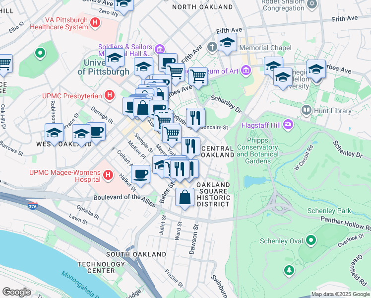 map of restaurants, bars, coffee shops, grocery stores, and more near 356 Atwood Street in Pittsburgh