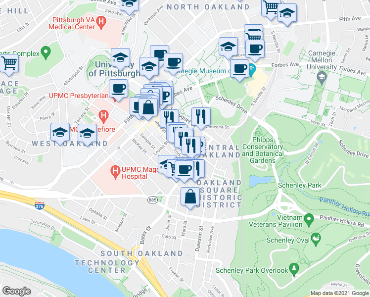 map of restaurants, bars, coffee shops, grocery stores, and more near 356 Atwood Street in Pittsburgh