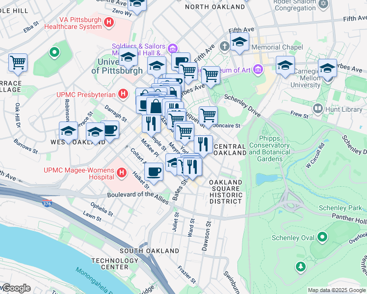 map of restaurants, bars, coffee shops, grocery stores, and more near in Pittsburgh