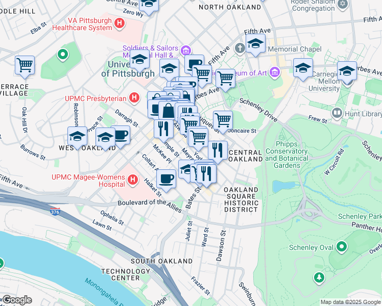 map of restaurants, bars, coffee shops, grocery stores, and more near in Pittsburgh