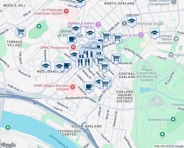map of restaurants, bars, coffee shops, grocery stores, and more near 299 McKee Place in Pittsburgh