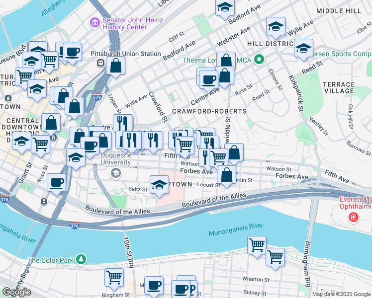 map of restaurants, bars, coffee shops, grocery stores, and more near 1516a Fifth Avenue in Pittsburgh
