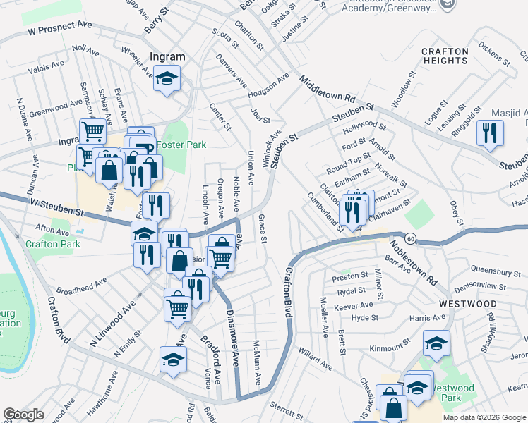 map of restaurants, bars, coffee shops, grocery stores, and more near 50 Rodgers Avenue in Pittsburgh