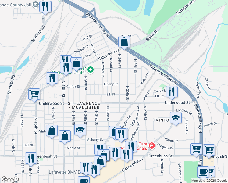 map of restaurants, bars, coffee shops, grocery stores, and more near 2217 Elk Street in Lafayette
